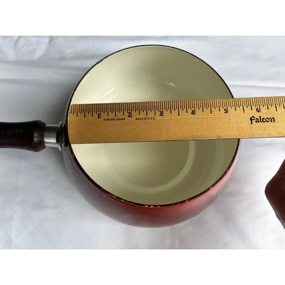 Vintage Red / Burnt Orange Wooden Handle Enameled Fondue Pot - No Lid - 5”